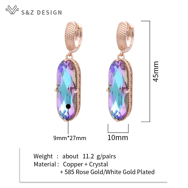 S&Z DESIGN Vintage Large Egg Shape Oval Crystal Dangle Earrings For Women Wedding 585 Rose Gold Color Jewelry