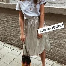 Блестящая Серебристая плиссированная юбка миди с эластичной талией- Весенняя летняя юбка