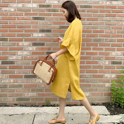 

Bat Sleeve Cotton Linen Dress Loose And Plus-sized Lotus Leaf Bell Sleeve GIRL'S Dress Casual Mid-length over-the-Knee Slit Skir