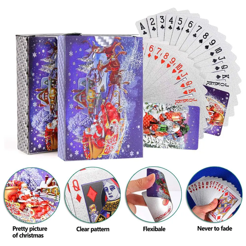 

2 Sets Playing Cards Game Christmas Pattern Waterproof Silver PVC Foil Play Card For Magic Props Pool Beach Party Games