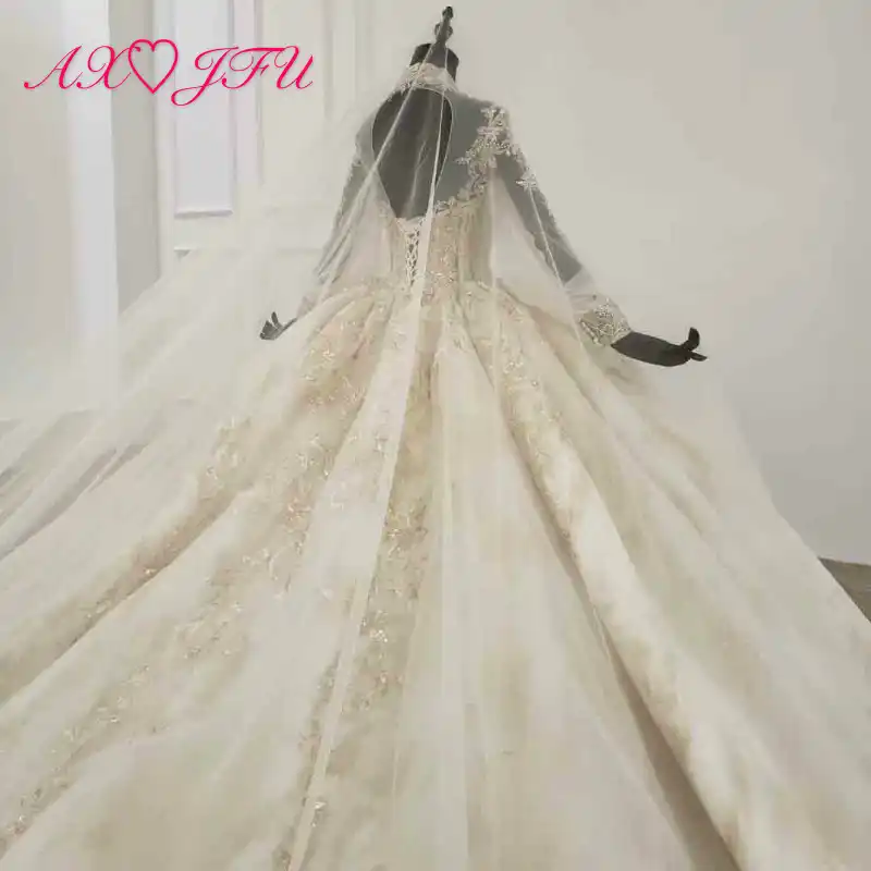 Axjfu Princesa De Lujo Dorado Encaje Cuello Alto Clasico Cuentas De Cristal Volantes Brillantes De Manga Larga Vestido De Novia 100 Real 1999 Aliexpress