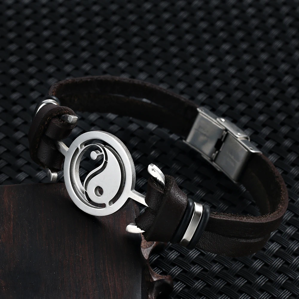 Bracelet Jewelry Trend Jewelry Stainless Steel Tai Chi Yin Yang Fish Leather Bracelet Double Cuff Men's Bracelet Pulsera Hombre