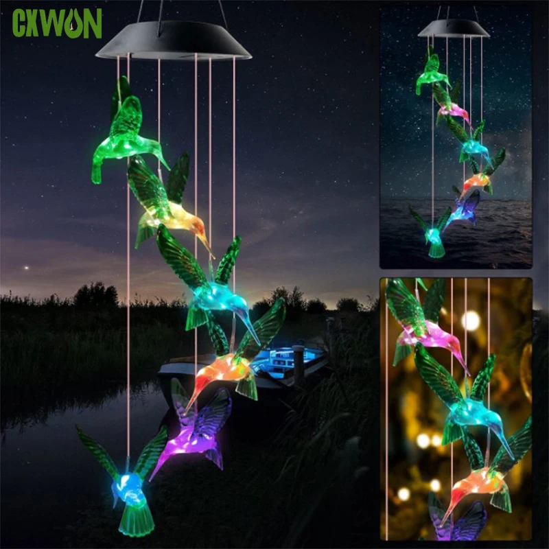 LED Color Changing Solar Wind Chime Light 6 Hummingbird Butterfly Wishing Bottle Waterproof Outdoor Garden Patio Decor Light 3 pcs outdoor garden hooks metal for hanging flowerpot deck lantern wind chime bird feeder iron shepherds sheppards