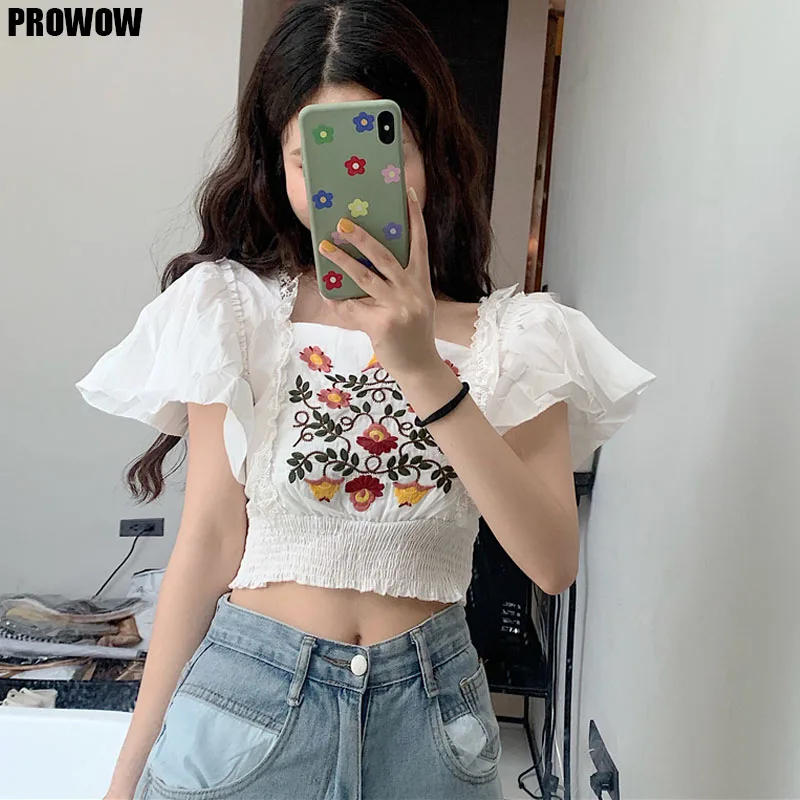 2020 Summer Sexy Tops Women Korean Flower Embroidery T-Shirt Top Ruffled Sleeveless Crop Lace Patchwork Slim  Blusas