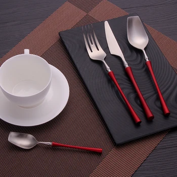 

24Pcs/set Red Silver Stainless Steel Cutlery Kitchen Western wedding Tableware Dinner Set Silverware Forks Spoons Knives