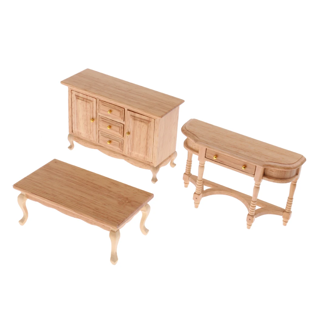 

1/12 Natural Wooden TV Cabinet Tea Table Locker Dollhouse Miniature Furniture Set