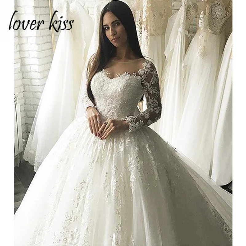 Lover Kiss Vestido De Noiva роскошные наряды с длинным рукавом свадебное платье бальное платье кружевное свадебное платье с бантом Cutom Сделано Abito da sposa