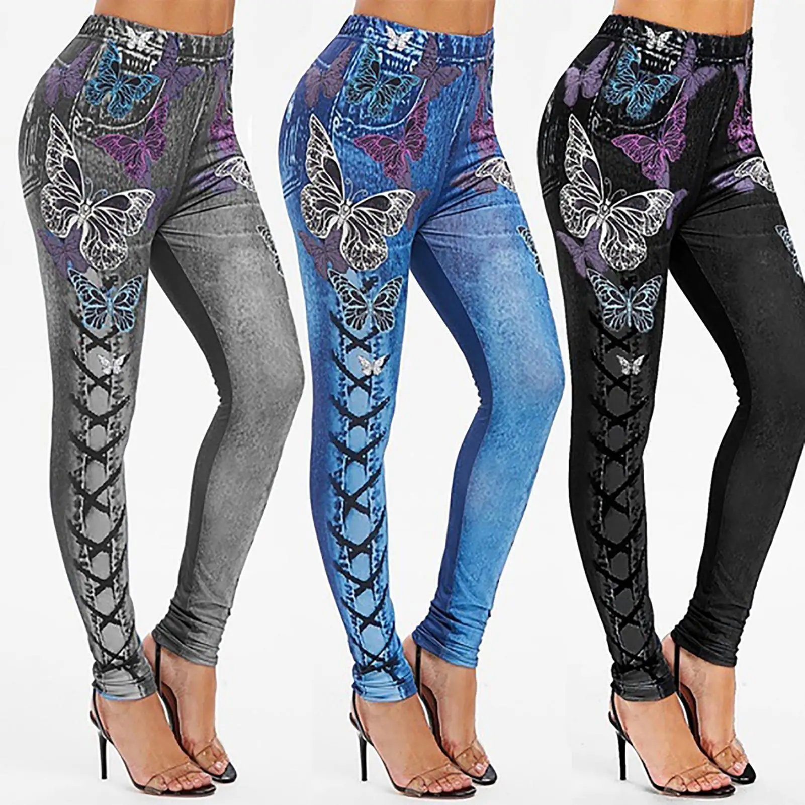 

Women High Waist Butterfly Print Lace-up Pants Elastic Jogging Sports Trousers