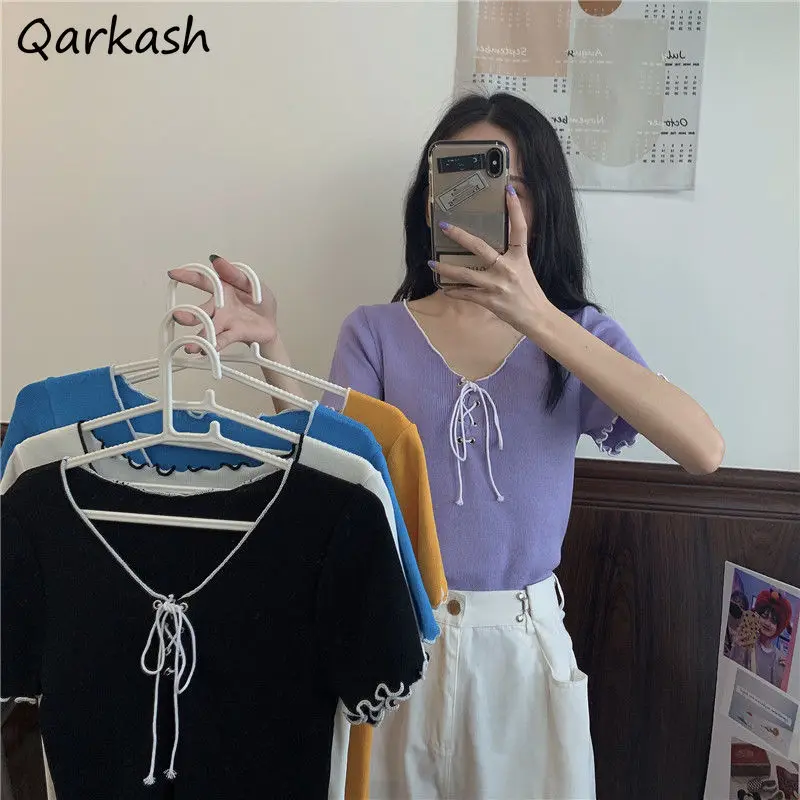 

Shorts Sleeve T-shirts Women Summer All-match Pure Simple Female Elegant Tops Tees V-neck Skinny Fit Cozy Stylish Ulzzang Daily