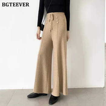 

BGTEEVER Women Knitted Wide Leg Pants Double-breasted Drawstring Thick Warm Autumn Winter Trousers High Waist Female Loose Pant