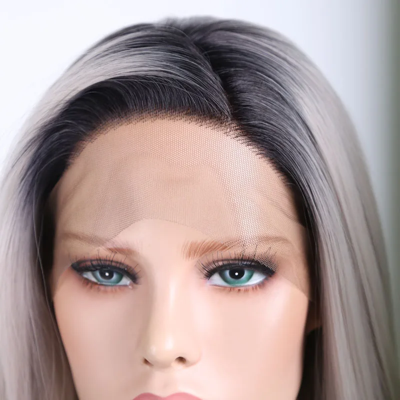 RONGDUOYI боковая часть термостойкий парик два тона серый синтетический парик на кружеве длинные шелковистые прямые Омбре серые парики для женщин