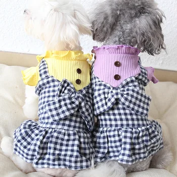 

Grid Bow Button Pet Dog Clothes Winter Warm Dog Dress Dog Shirt Hoodies Coats Clothing For Dogs Cat Yorkie Teddy