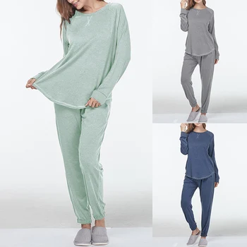 

Casual Daily Women Solid Tracksuit Long Sleeve Round Collar Tops And Long Pants Two Pieces Sets For Women Homewear Sleepwear