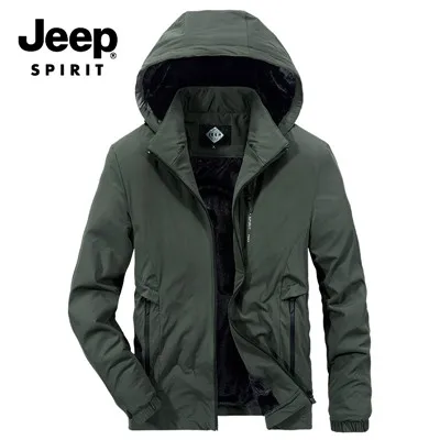 JEEP SPIRIT/Высококачественная зимняя куртка для мужчин; модная флисовая куртка с капюшоном и воротником; шерстяная ветровка; зимнее пальто; Мужская M-4XL верхняя одежда - Цвет: Армейский зеленый