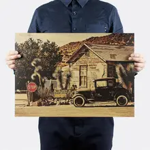 

AIMEER Roadside Abandoned Classic Car Nostalgic Kraft Paper Poster Bar Coffee Bar Retro Decorative Painting Wall Stickers51x36cm