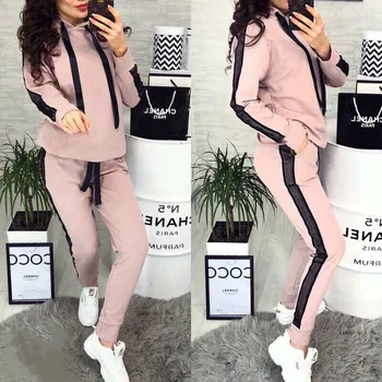 

Newest 2Pcs 2020 Women Autumn Winter Sports Clothes Set Hooded Sweatshirt Long Pant Gym Wear Tracksuit Sweat Suit Pink Plus Size