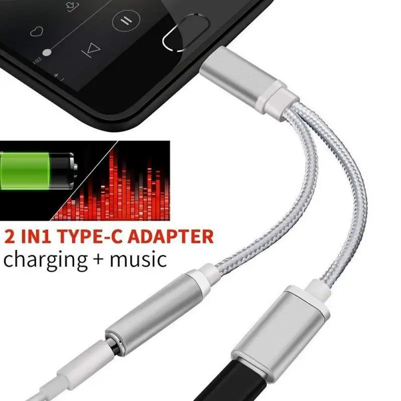 Audio Adapter Type C to 3.5mm Charge 2 In 1 USB C Splitter Headphone AUX Audio Cable for Xiaomi Huawei Samsung Oneplus Splitter