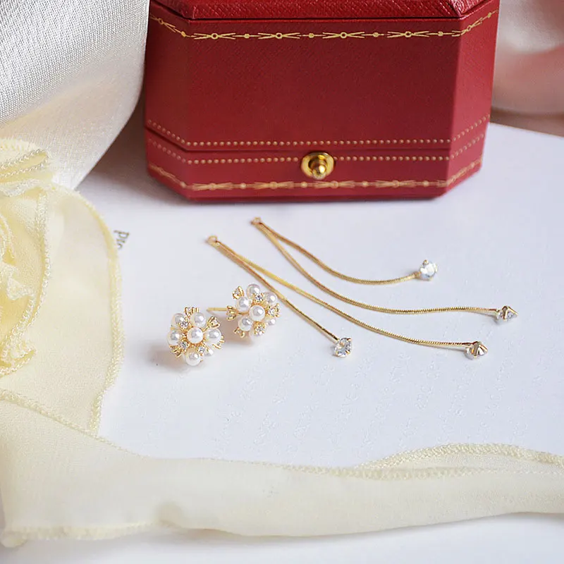 Women 14K Gold Earrings Micro-Inlaid Zircon Pearl Hydrangea Earring Long Temperament Tassels a Pair of Daily Female Accessories - Image 6