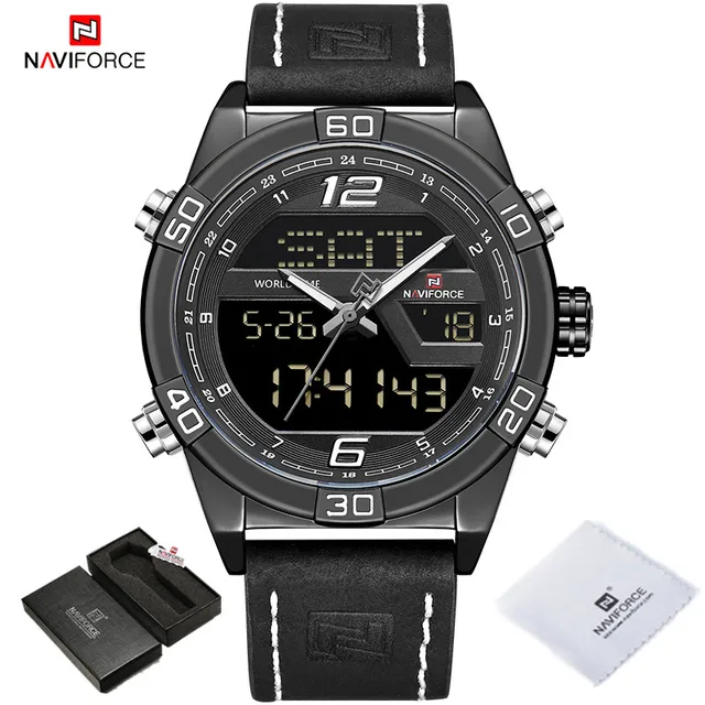 NAVIFORCE Luxury Gold Watches For Men Leather Band Waterproof Digital Alarm Sport WristWatch Man Military Dual Time Quartz Clock BWB BOX