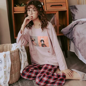

plaid pants + animal dog tops pajamas sets 100%cotton nightwear plus size M-XXXL cartoon pyjamas women autumn sleepwear 2pcs/set