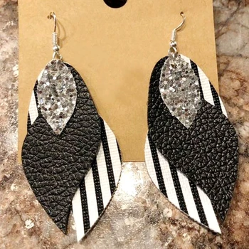 

Customize Silver And black Plaid Glitter Faux Leather Earrings 3 Layers Dangle Earrings