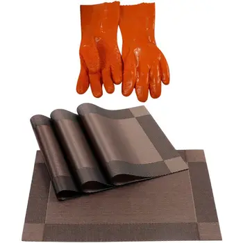 

Potato Cleaning Gloves Household Gloves with Crossweave Woven Vinyl Placemat Washable (Brown,4Pcs Placemats)
