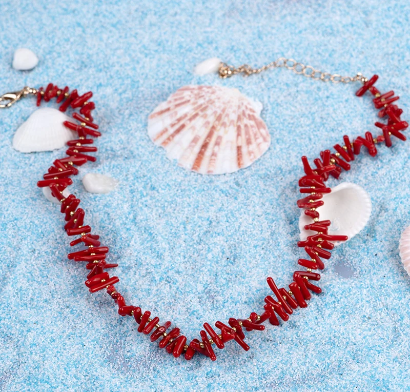 Bohemian Red Coral Halsketten für Frauen Vintage Halsband Shell Anhänger Erklärung Party Schmuck Stein Perle Kette Bohemian Red Coral Halsketten für Frauen Vi_voghion.com