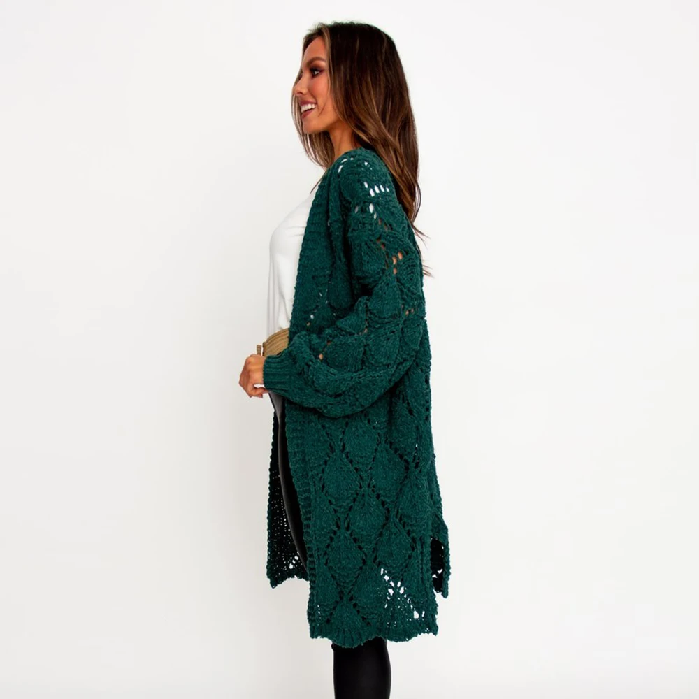 Pure Color Hollow Cardigan Knitted Women Autumn Outfit Knit Oversized Plus Size Sweaters Long Leisure Sweater New