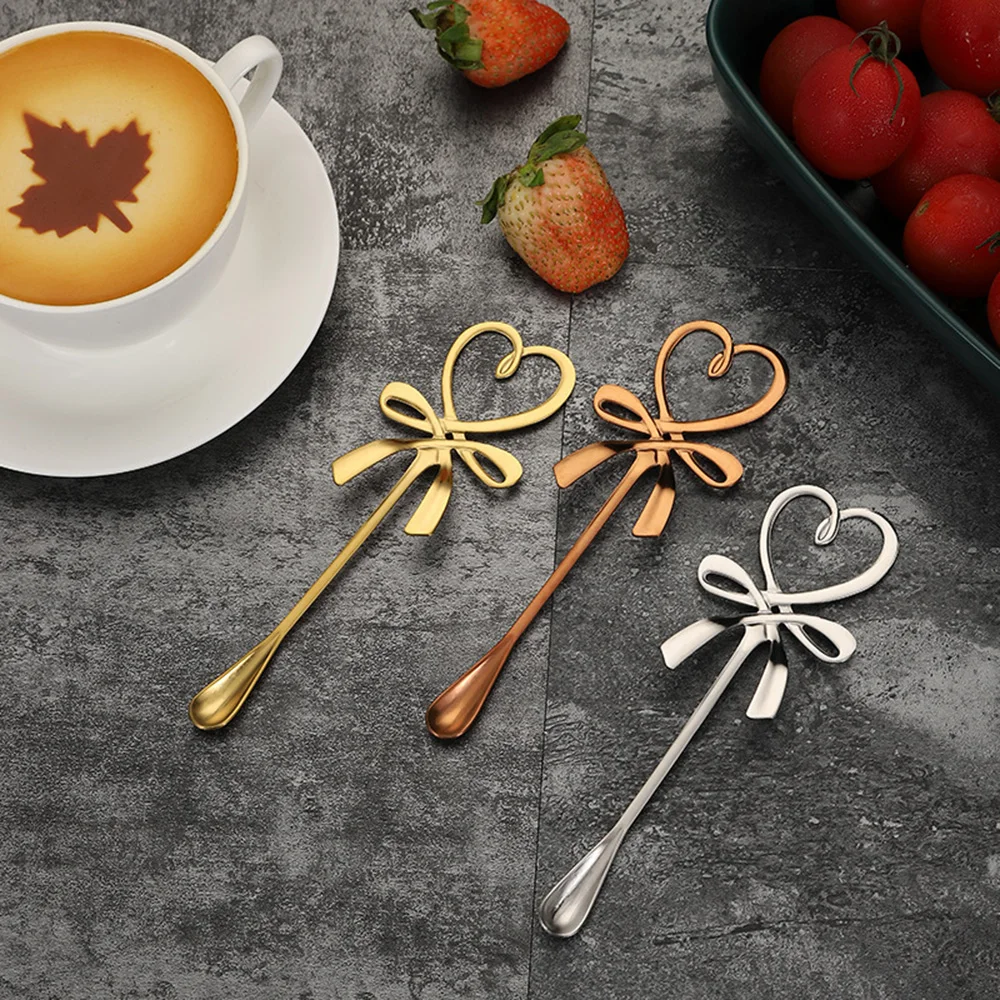 

Stainless Steel Heart Bow Spoon Coffee Spoon Long Handle Tea Spoons Kitchen Hot Drinking Kitchen Flatware Valentine's Day Gift