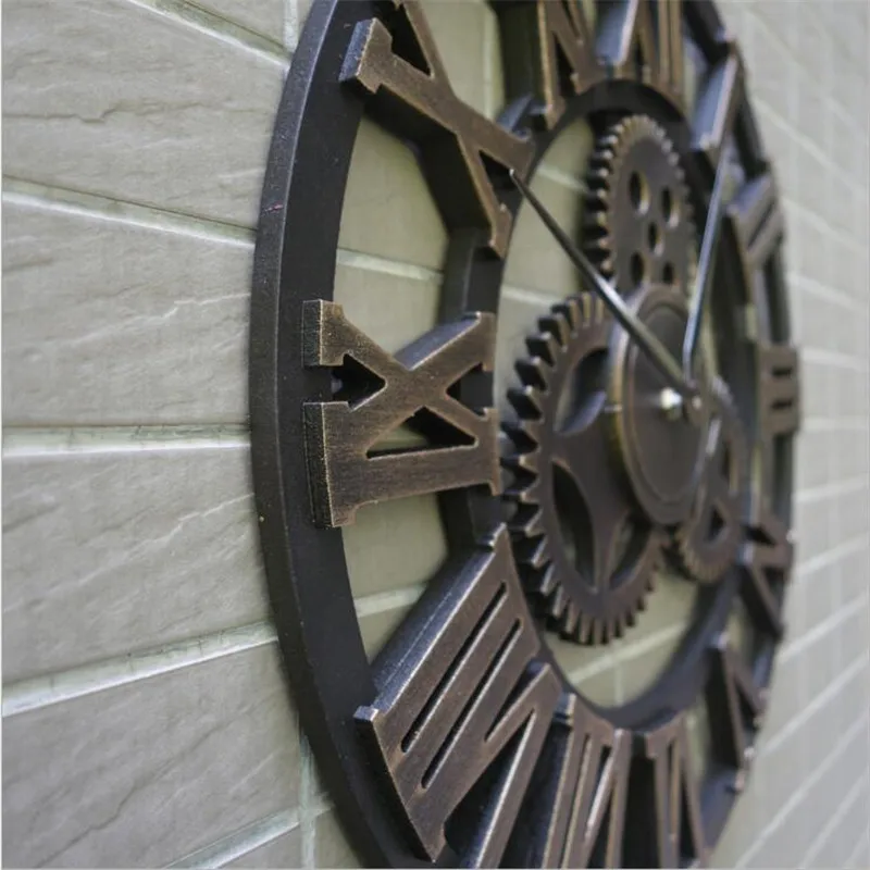 Handmade 3D large vintage quartz wall clock watch decor for living room silent  watch wall clock big gear wooden wanduhr klok (3)