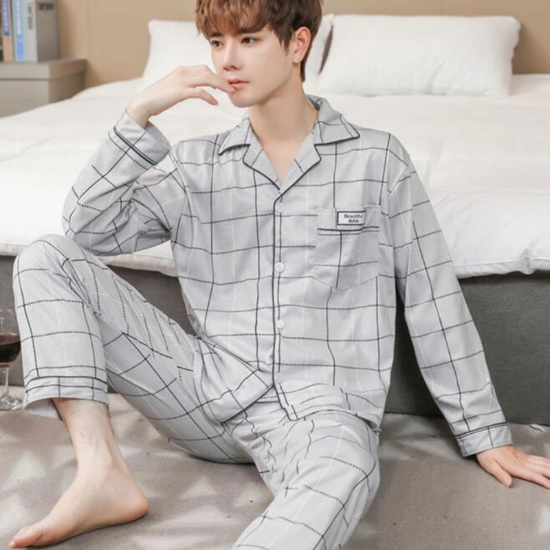 silk sleepwear Plus Size Autumn Winter Men Pajamas Set Turn-down Collar Long Sleeve Trousers Sleepwear Leisure Pyjama Night Pijamas Home Wear mens pajama pants Men's Sleep & Lounge