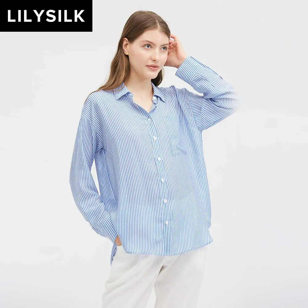 LilySilk Clearance Sale 12mm Size S Silk Shirt Blouse Women's Long Sleeve Striped Ladies New Free Shipping | Женская одежда