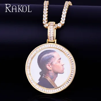 

RAKOL Rock Jewelry Baguette Zircon Custom Made Photo Medallions Necklace & Pendant with Tennis Chain Gold Color Men's Hip Hop