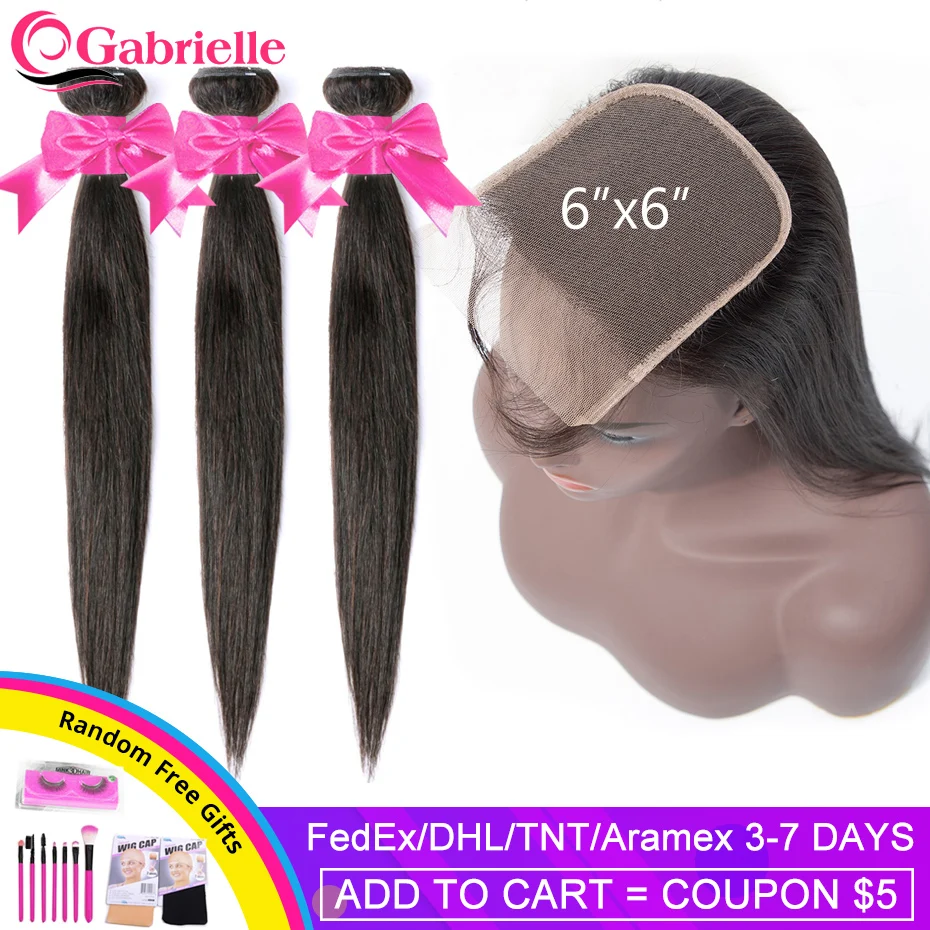 Габриэль волосы бразильские прямые волосы пряди с 6x6 закрытие шнурка Remy человеческие волосы для наращивания 6x6 закрытие пряди