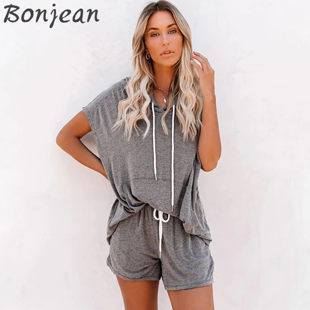 

BONJEAN Solid Hooded Casual Two Piece Set Loose Pullover Drawstring 2 Pieces Sets Women Short Sleeves Shorts Tracksuit Clothes
