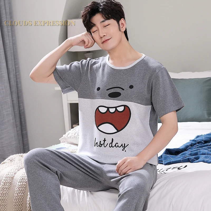 Summer Knitted Cotton Cartoon Mens Pyjamas Pajamas Casual Short Sleeve Long Pants Sets Men's Sleep Lounge Night Pijamas 4XL Home men's silk pajamas Pajama Sets