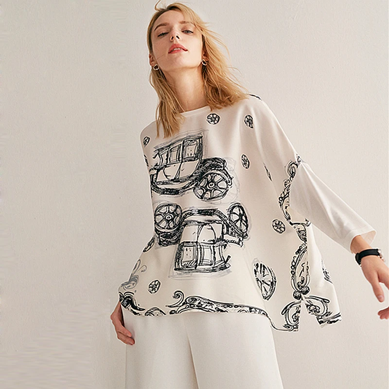 Blouse Women Top Plus Sizes Simple Design 100% Silk Patch Modal O Neck Drop-shoulder Modal Sleeves Loose Top New Fashion