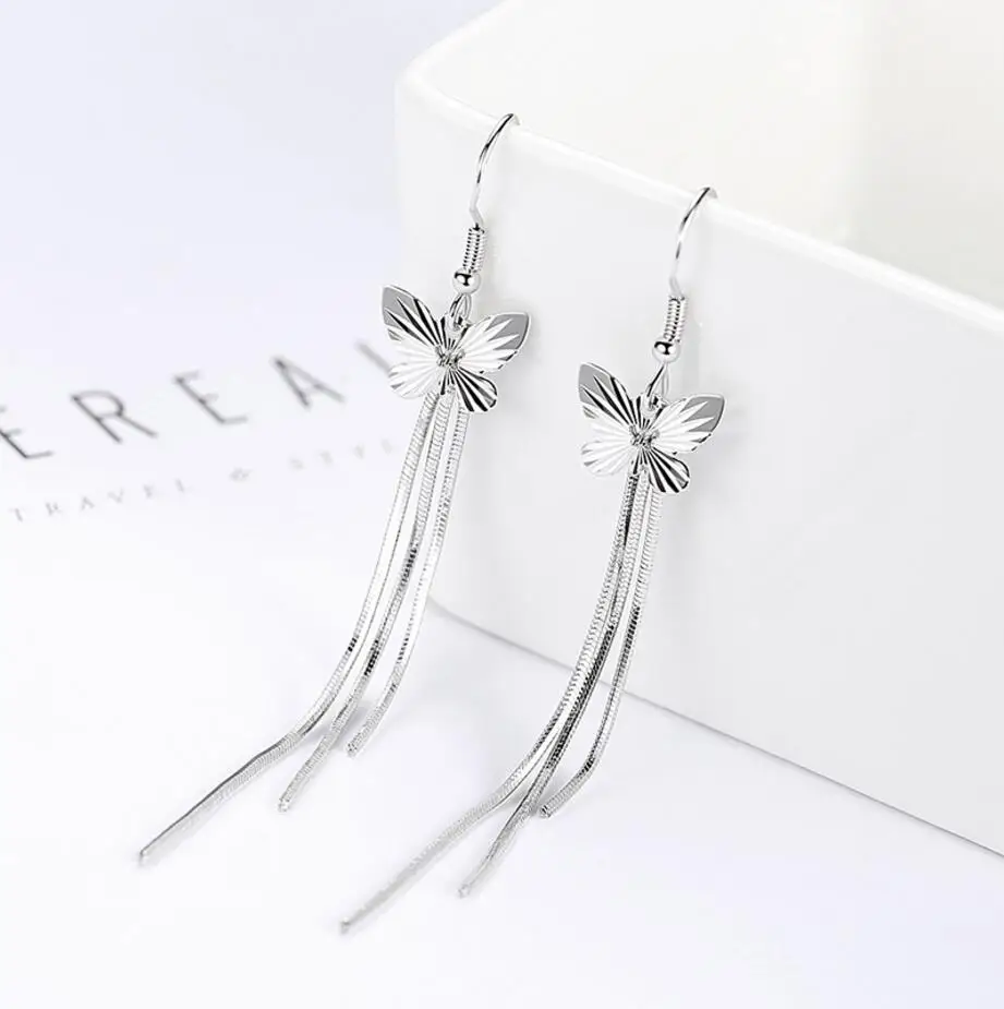 925 Sterling Silver Butterfly Long Tassel Drop Earrings for Woman Gift