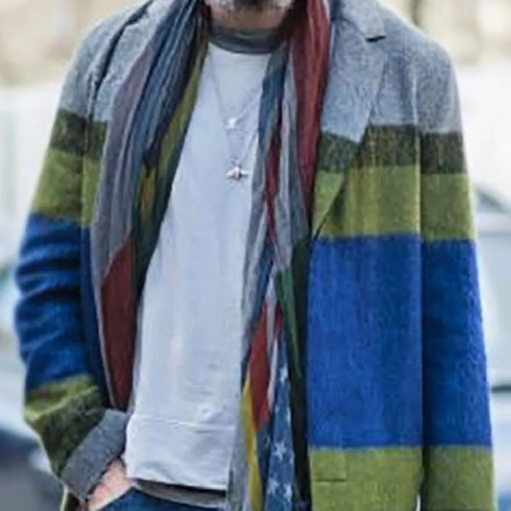 Low Price Men Wool Blends Autumn Color Blocks Striped Office Causal Men's Winter Coat European Fashion Plus Size Outwear Overcoat M-3XL