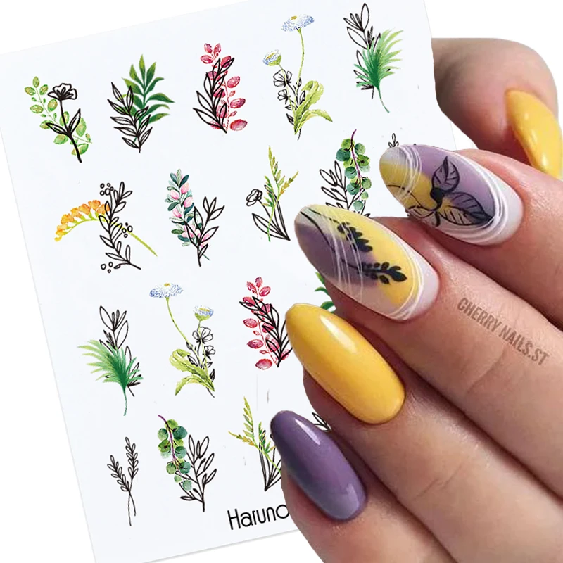 1Pc Spring Water Nail Decal And Sticker Flower Leaf Tree Green Simple Summer DIY Slider For Manicuring Nail Art Watermark