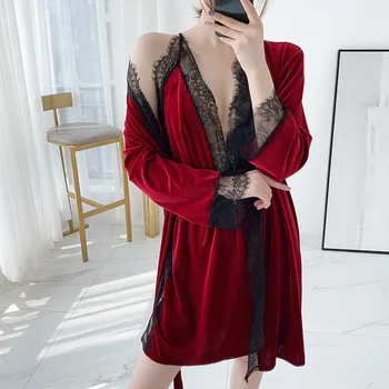

2PCS Sleepwear Sexy Women Velvet Nighty&robe Set Deep V-neck Lace Nightdress Hollow Out Nightgown Autumn Home Dressing Gown