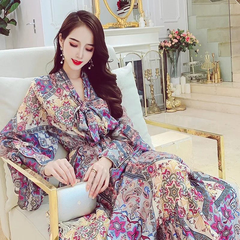 Holiday national style printed chiffon dress lantern sleeve autumn dress 2020 new female Office Lady  Sheath  Knee-Length