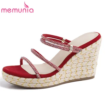 

MEMUNIA 2020 top quality suede leather women sandals crystal slip on summer fashion party shoes ladies wedges platform sandals