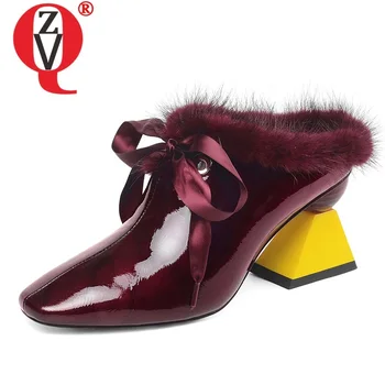 

ZVQ spring autumn new fashion women slipper outside high heels square toe cross-tied genuine leather women shoes drop shipping