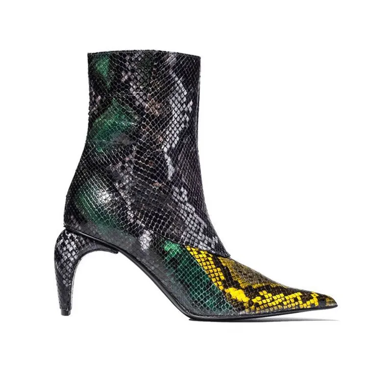 

2019 New Genuine Leather Snake Prints Ankle Boots For Women Designer Python Female Short Booties Strange Heels Shoes Woman Dress