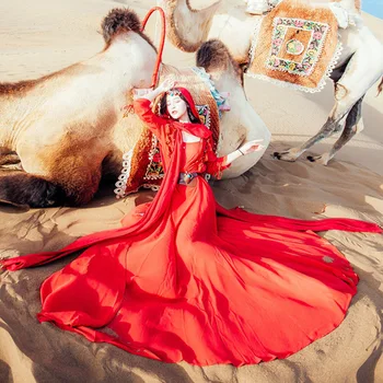 

Exotic customs Qinghai Tibet photo travel long dress desert vacation ethnic Two piece set dress grassland red dress