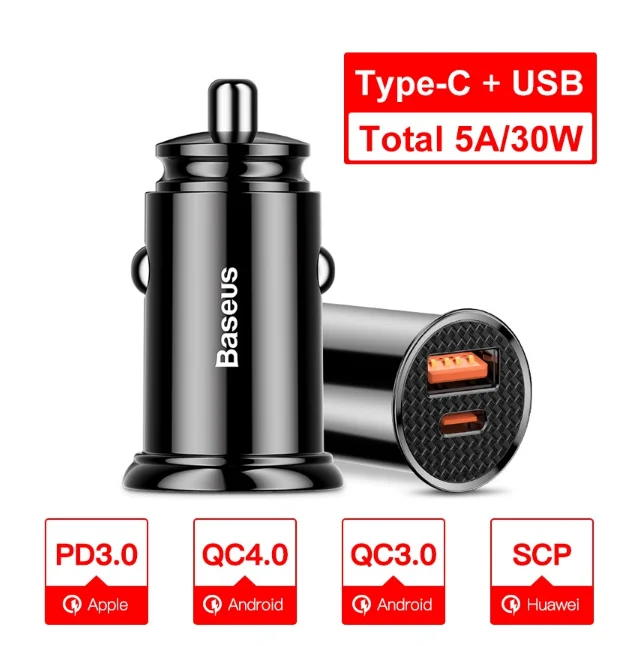 Baseus Mini USB Auto Oplader для мобильного телефона планшет gps 3.0A быстрое зарядное устройство двойной - Тип штекера: Black USB 1 Type C