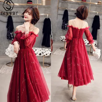 

O-Neck Skyyue K353 Prom Dress Three Quarter Sleeve Tulle Dresses Woman Party Night A-Line Sequined Plus Size Vestidos De Gala