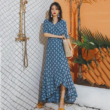 

Europe Print Pleated Bandage Dress Fashion New Women Elegant Small Fresh 2020 Spring Irregular Loose Chiffon Dress XJ3478