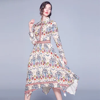 

Vintage High Waist Irregular Dress A-line Women Full Sleeve Turn-Down Collar Flower Print Elegant Pleated Dresses Slim Feminino